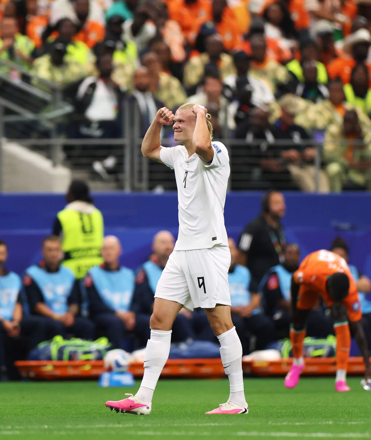 Norway striker Erling Haaland celebrates a goal by teammate Antonio Nusa during the first half of the 2026 FIFA World Cup knockout match against Ivory Coast on Tuesday, June 30, 2026, at Dallas Stadium in Arlington.